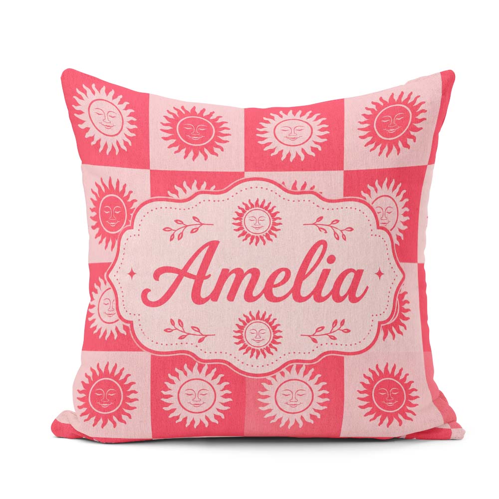 Custom Name Sun Face Checkerboard Red Pink Seamless Pattern Name Square Filled Cushion Throw Pillow Sofa Bed Home Decor Zip Washable UK Made