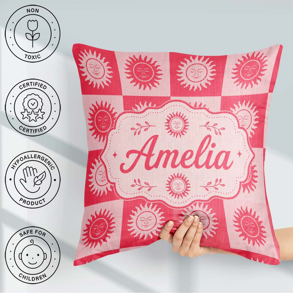 Custom Name Sun Face Checkerboard Red Pink Seamless Pattern Name Square Filled Cushion Throw Pillow Sofa Bed Home Decor Zip Washable UK Made