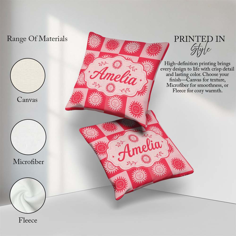 Custom Name Sun Face Checkerboard Red Pink Seamless Pattern Name Square Filled Cushion Throw Pillow Sofa Bed Home Decor Zip Washable UK Made