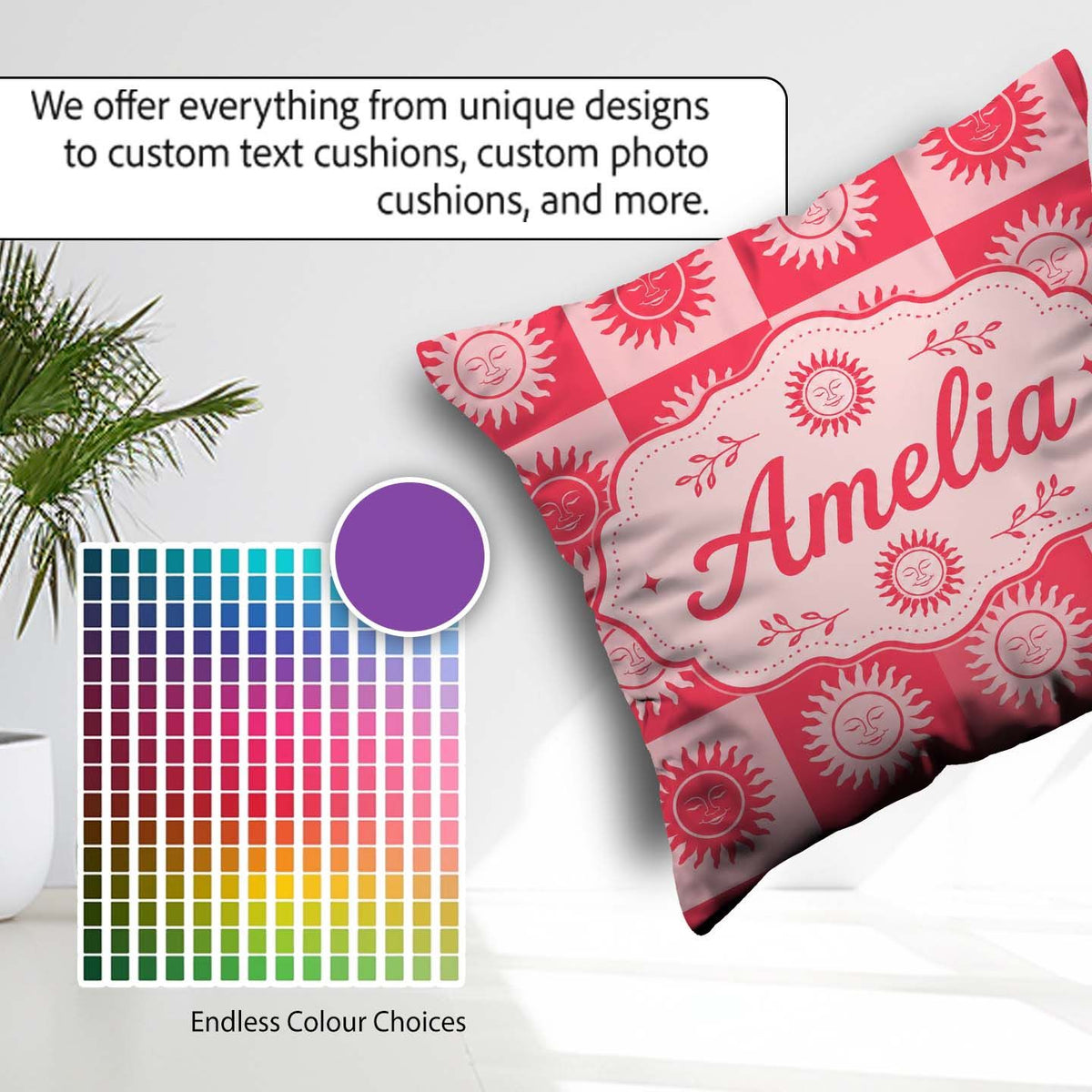 Custom Name Sun Face Checkerboard Red Pink Seamless Pattern Name Square Filled Cushion Throw Pillow Sofa Bed Home Decor Zip Washable UK Made
