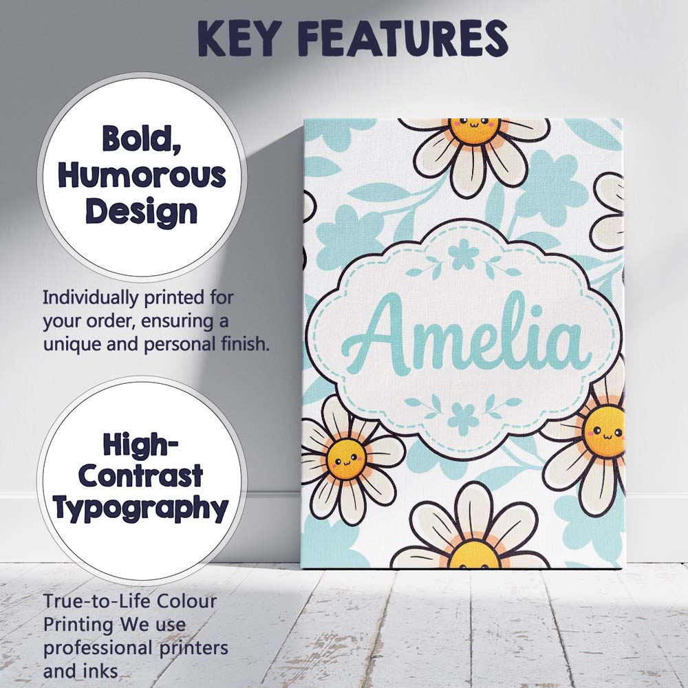 Personalised Name Cute Kawaii Daisy Flowers Custom Bespoke Interior Contemporary Canvas Wall Art Print Decor Picture Ready to Hang