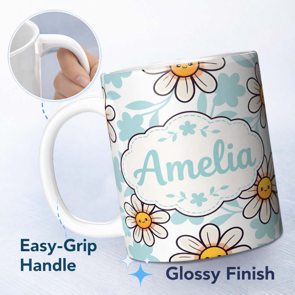 Personalized Custom Name Cute Kawaii Daisy Flowers with Soft Blue Leaves Seamless Pattern 11oz Ceramic Coffee Tea Mug White Large Handle