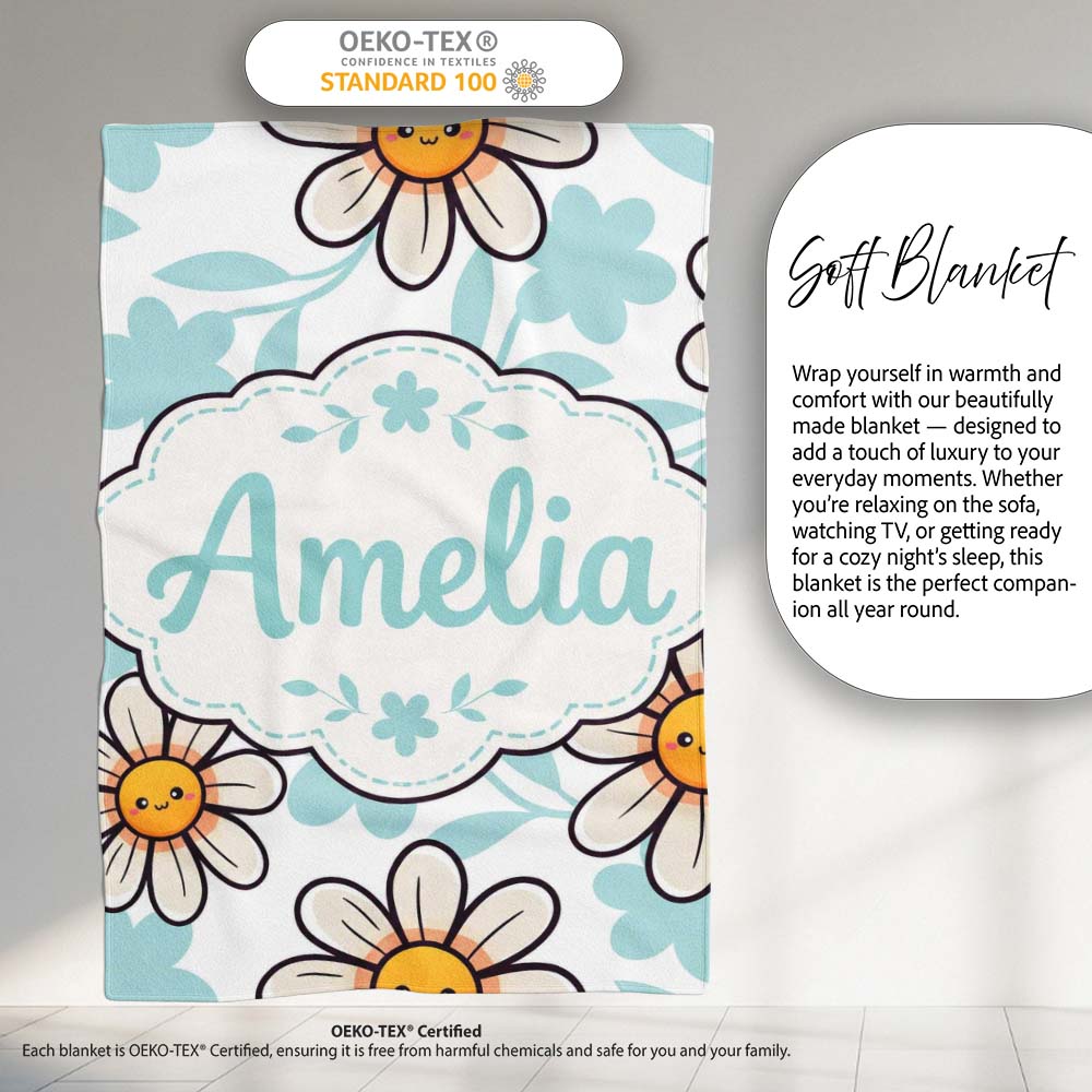 Cute Kawaii Daisy Flowers with Soft Blue Leaves Seamless Pattern Personalised Custom Name Super Soft Fleece Blanket Bed Sofa Throw