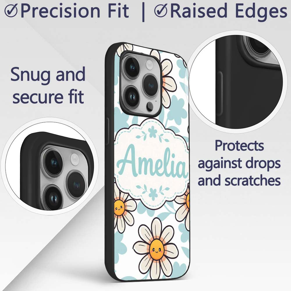 Cute Kawaii Daisy Flowers with Soft Blue Leaves Custom Name Protective Phone Case Mobile Cover Durable Everyday Smartphone Shock Resistant