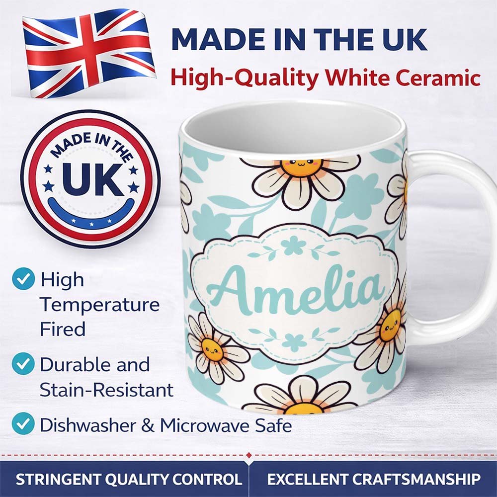Personalized Custom Name Cute Kawaii Daisy Flowers with Soft Blue Leaves Seamless Pattern 11oz Ceramic Coffee Tea Mug White Large Handle