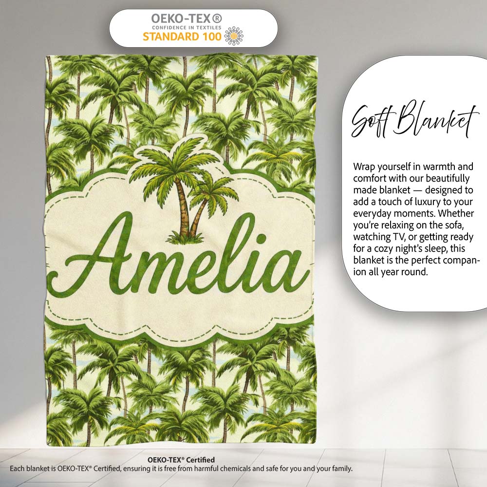 Tropical Palm Tree Summer Beach Seamless Pattern on Cream Background Personalised Custom Name Super Soft Fleece Blanket Bed Sofa Throw
