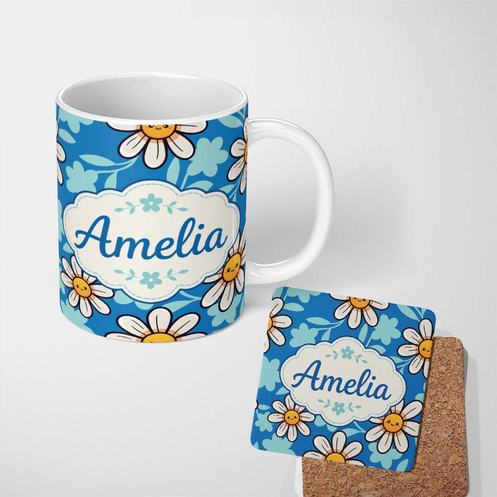 Personalized Custom Name Cute Kawaii Daisy Flowers on Deep Blue Background Seamless Pattern 11oz Ceramic Coffee Tea Mug White Large Handle