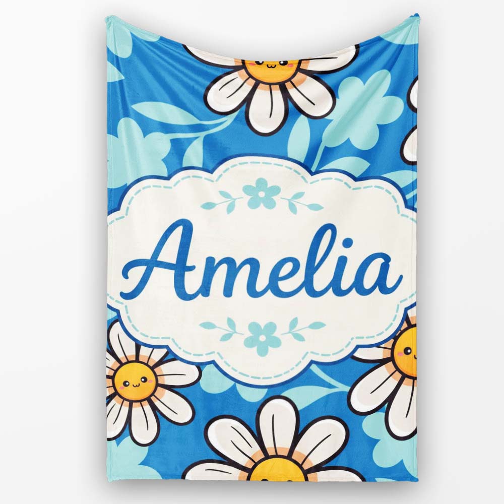 Cute Kawaii Daisy Flowers on Deep Blue Background Seamless Pattern Personalised Custom Name Super Soft Fleece Blanket Bed Sofa Throw