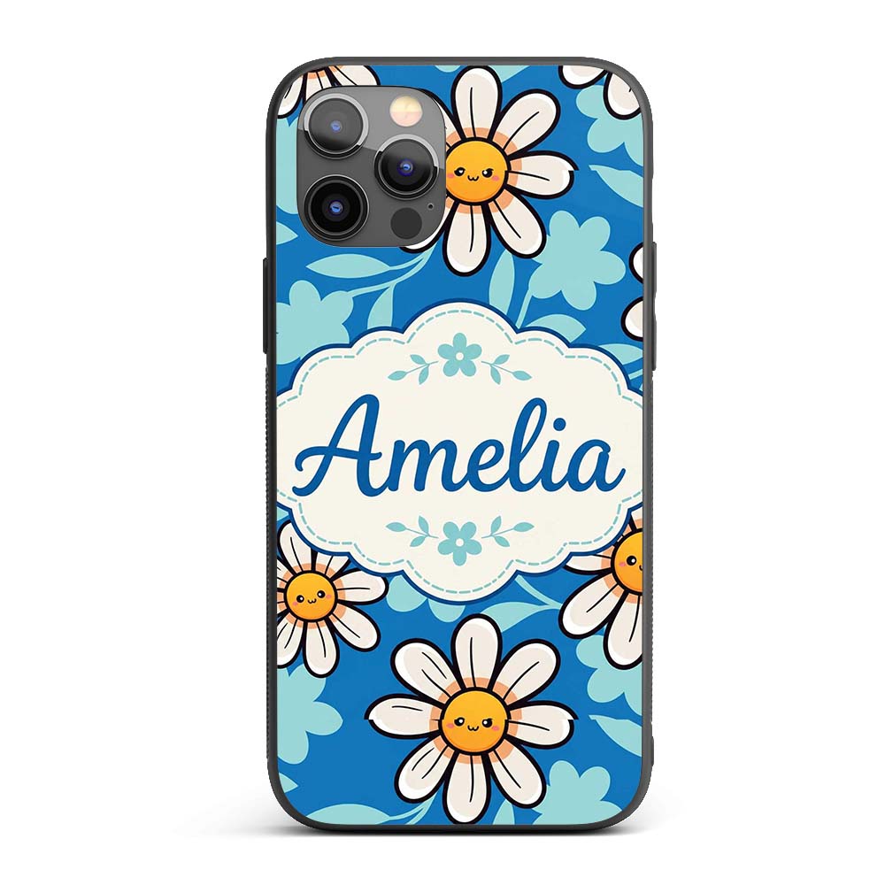 Cute Kawaii Daisy Flowers on Deep Blue Background Custom Name Protective Phone Case Mobile Cover Durable Everyday Smartphone Shock Resistant