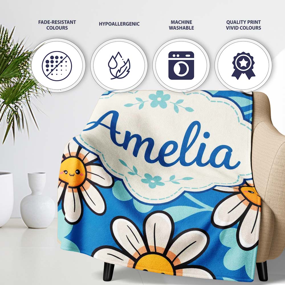 Cute Kawaii Daisy Flowers on Deep Blue Background Seamless Pattern Personalised Custom Name Super Soft Fleece Blanket Bed Sofa Throw