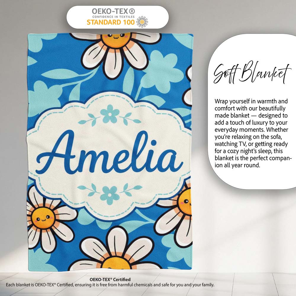 Cute Kawaii Daisy Flowers on Deep Blue Background Seamless Pattern Personalised Custom Name Super Soft Fleece Blanket Bed Sofa Throw