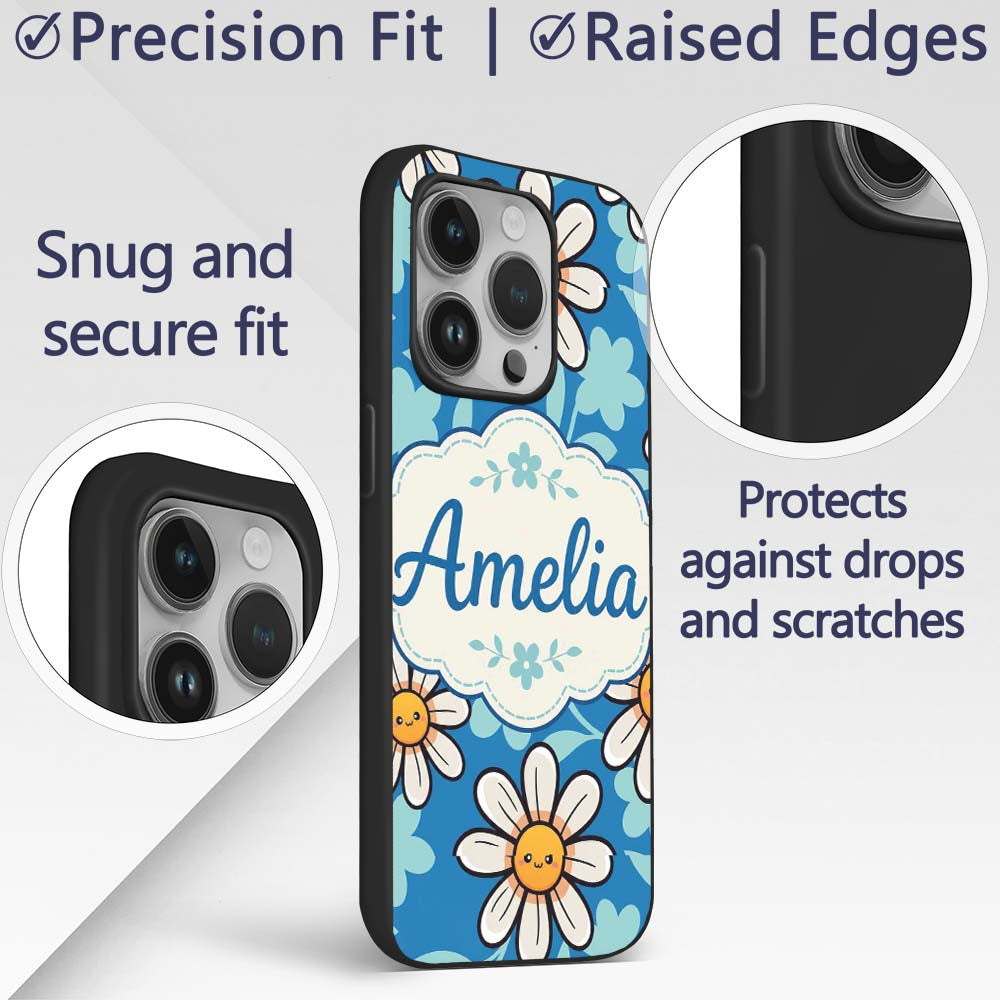 Cute Kawaii Daisy Flowers on Deep Blue Background Custom Name Protective Phone Case Mobile Cover Durable Everyday Smartphone Shock Resistant