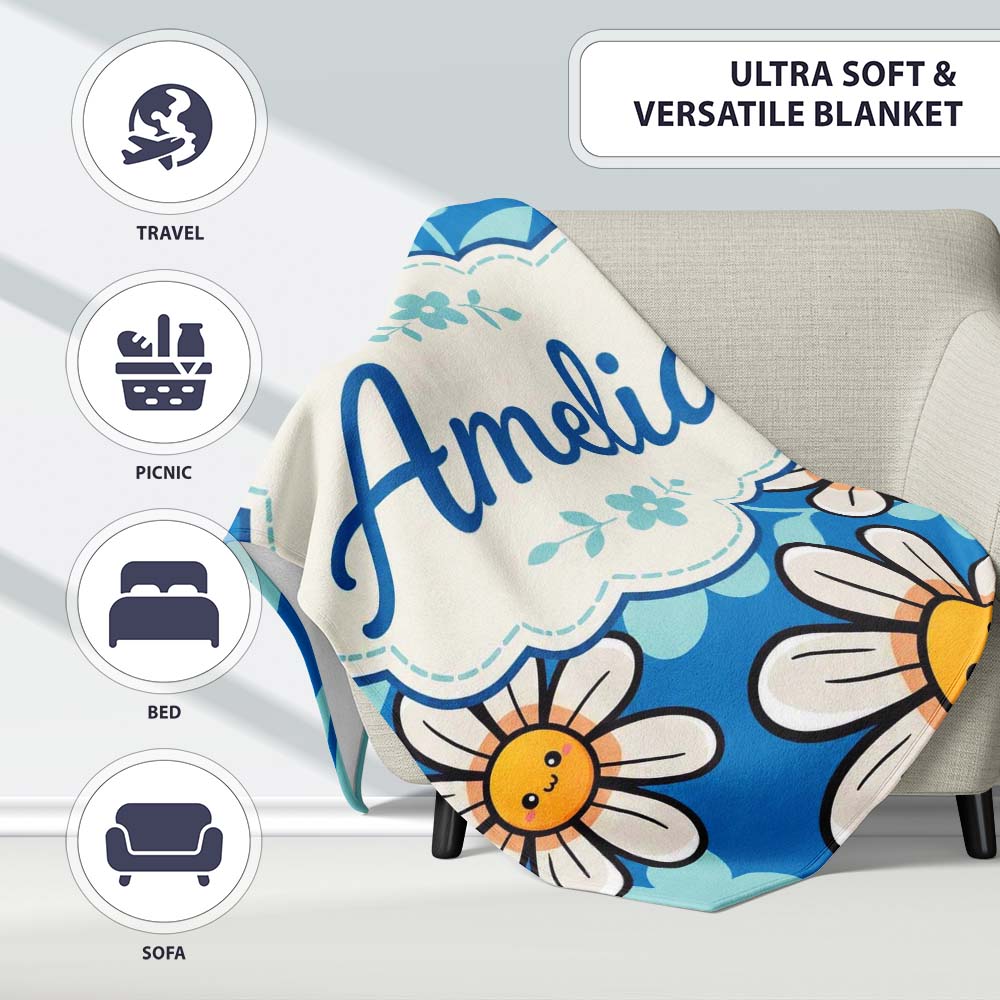 Cute Kawaii Daisy Flowers on Deep Blue Background Seamless Pattern Personalised Custom Name Super Soft Fleece Blanket Bed Sofa Throw