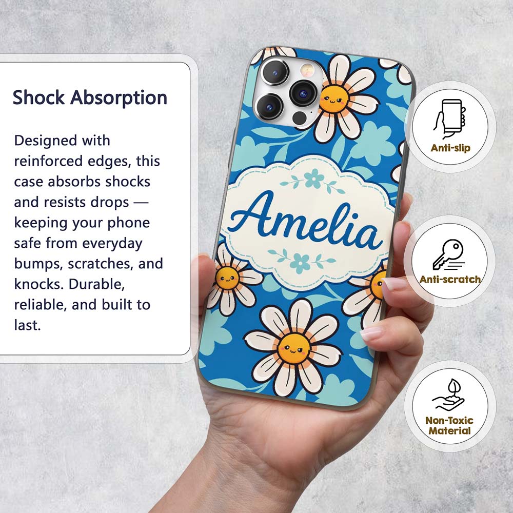 Cute Kawaii Daisy Flowers on Deep Blue Background Custom Name Protective Phone Case Mobile Cover Durable Everyday Smartphone Shock Resistant