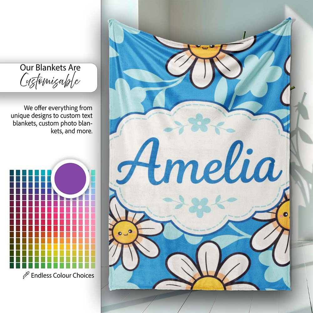 Cute Kawaii Daisy Flowers on Deep Blue Background Seamless Pattern Personalised Custom Name Super Soft Fleece Blanket Bed Sofa Throw