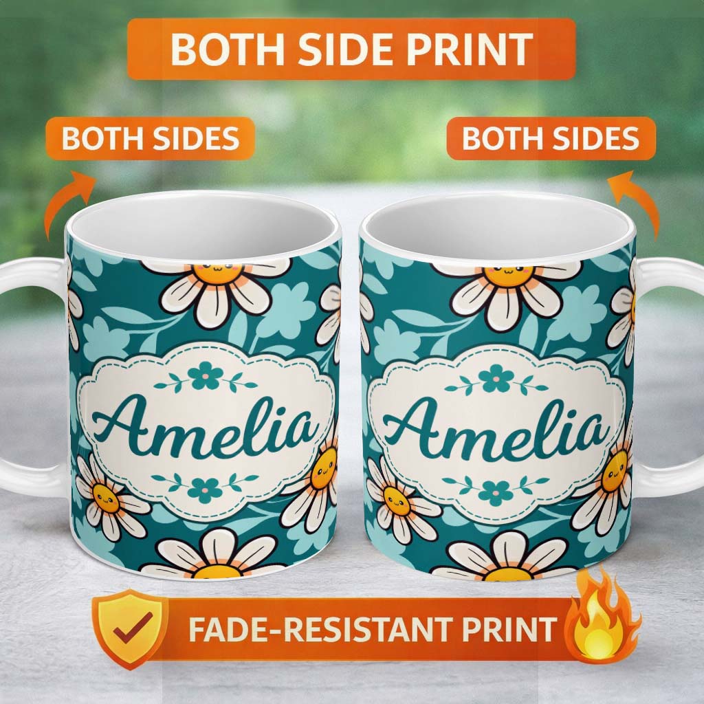 Personalized Custom Name Cute Kawaii Daisy Flowers on Teal Green Background Seamless Pattern 11oz Ceramic Coffee Tea Mug White Large Handle