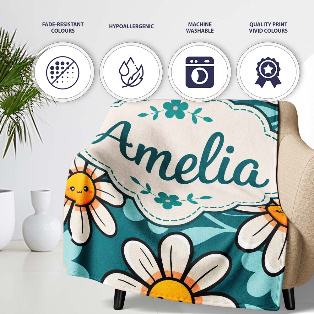 Cute Kawaii Daisy Flowers on Teal Green Background Seamless Pattern Personalised Custom Name Super Soft Fleece Blanket Bed Sofa Throw