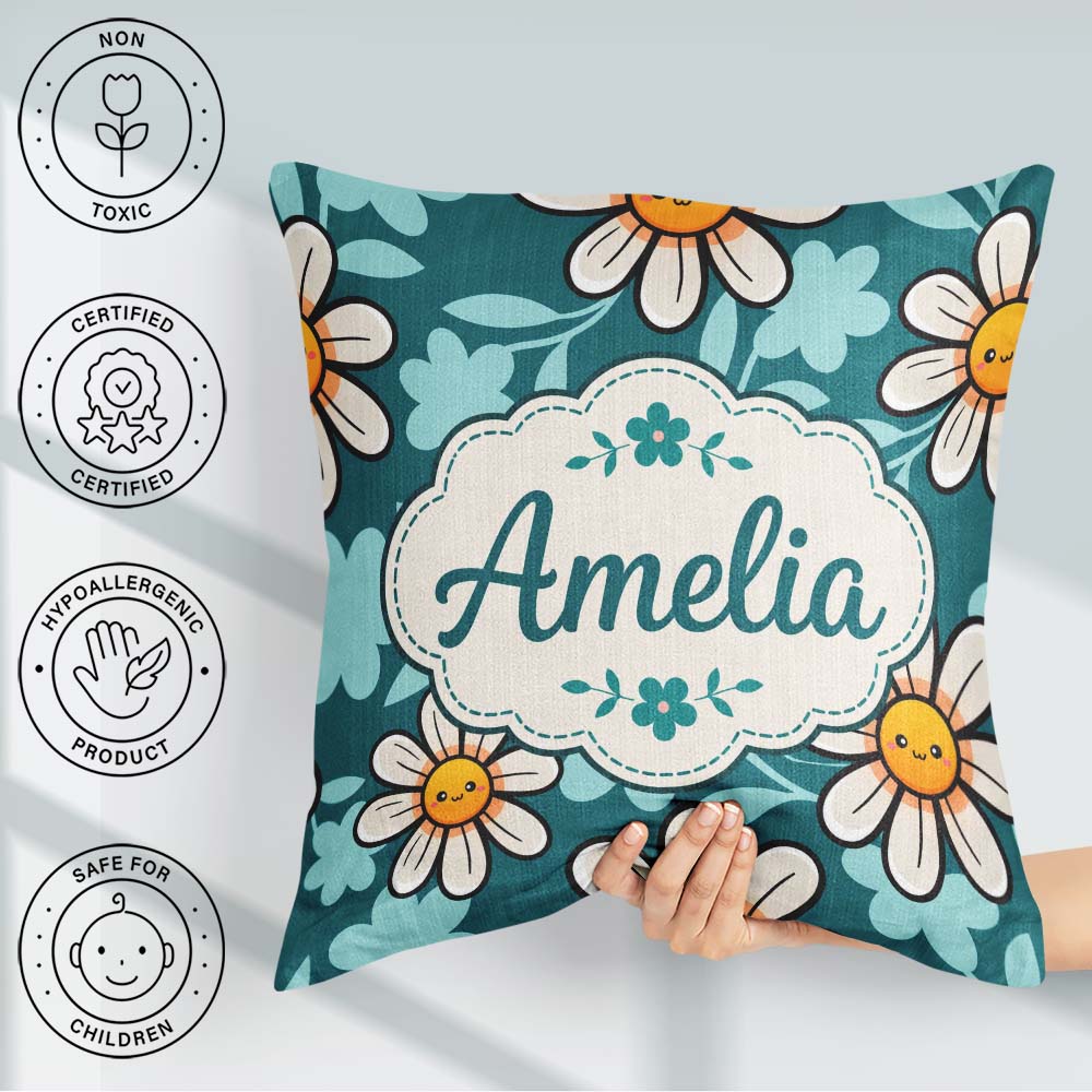 Custom Name Kawaii Daisy Flowers on Teal Green Seamless Pattern Square Filled Cushion Throw Pillow Sofa Bed Home Decor Zip Washable UK Made