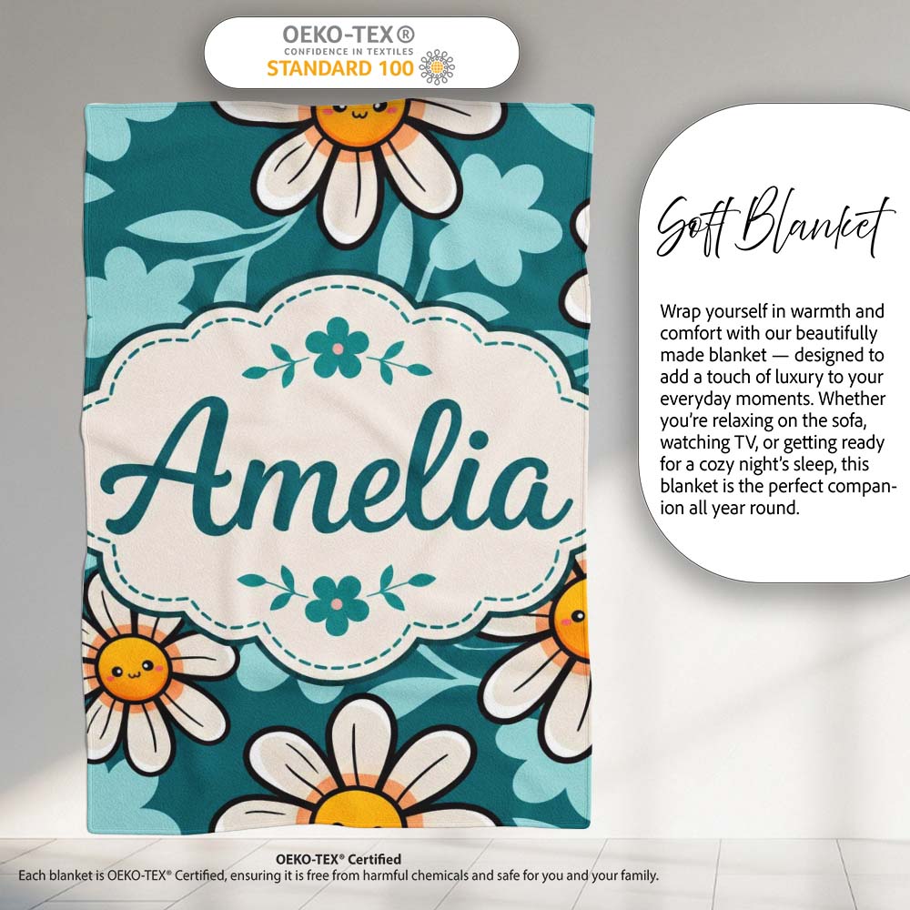 Cute Kawaii Daisy Flowers on Teal Green Background Seamless Pattern Personalised Custom Name Super Soft Fleece Blanket Bed Sofa Throw