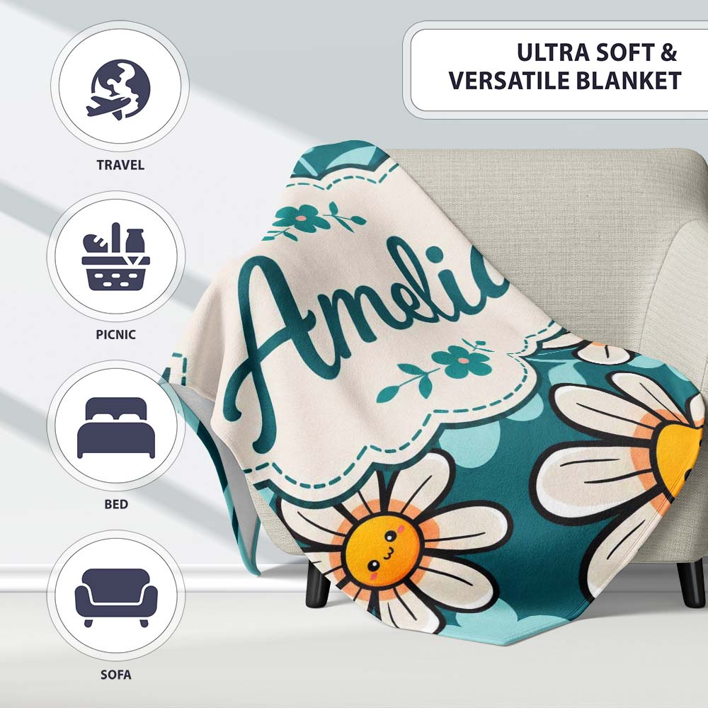 Cute Kawaii Daisy Flowers on Teal Green Background Seamless Pattern Personalised Custom Name Super Soft Fleece Blanket Bed Sofa Throw