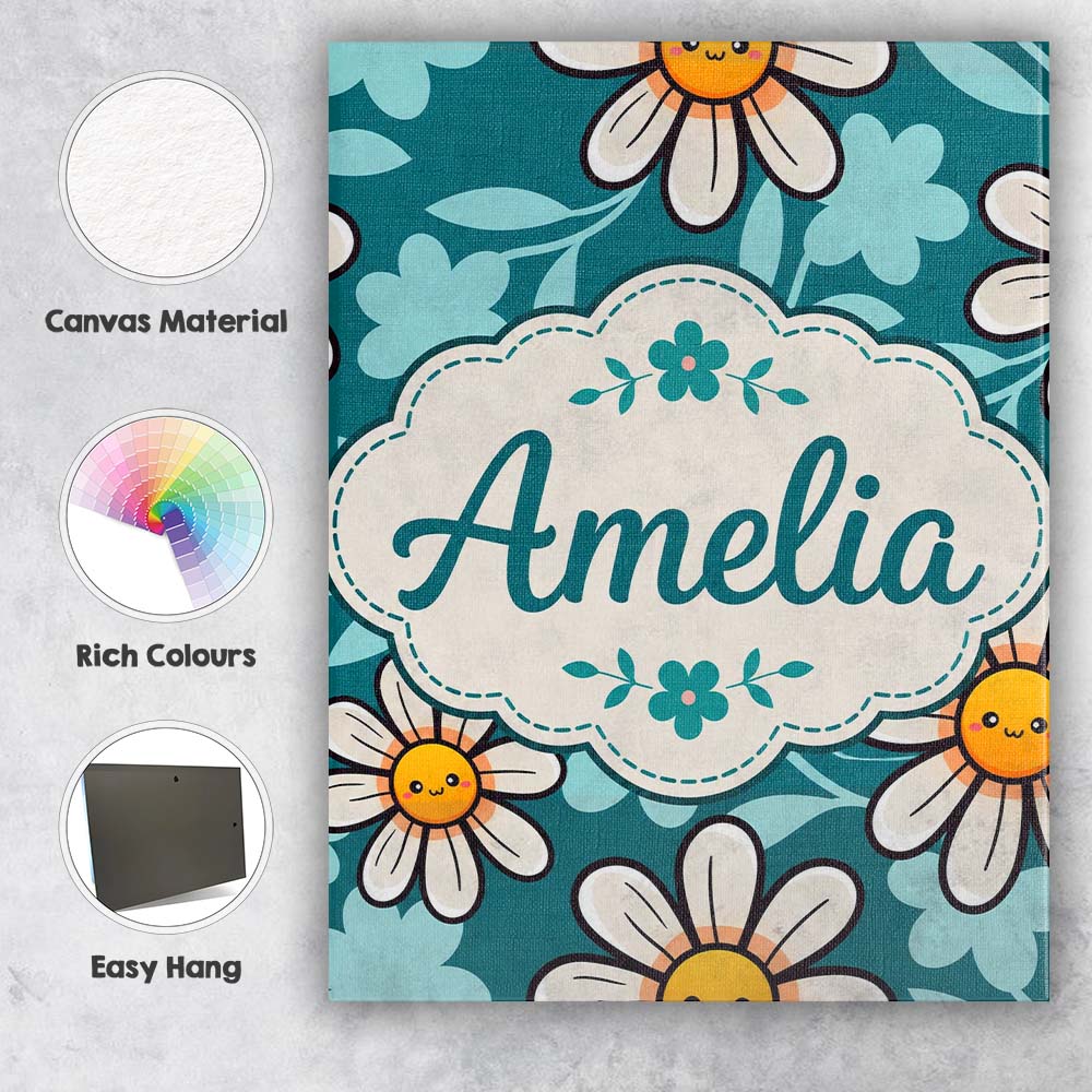 Personalised Name Cute Kawaii Daisy Flowers Custom Bespoke Interior Contemporary Canvas Wall Art Print Decor Picture Ready to Hang