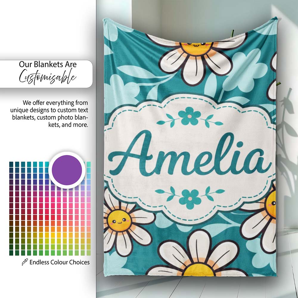 Cute Kawaii Daisy Flowers on Teal Green Background Seamless Pattern Personalised Custom Name Super Soft Fleece Blanket Bed Sofa Throw