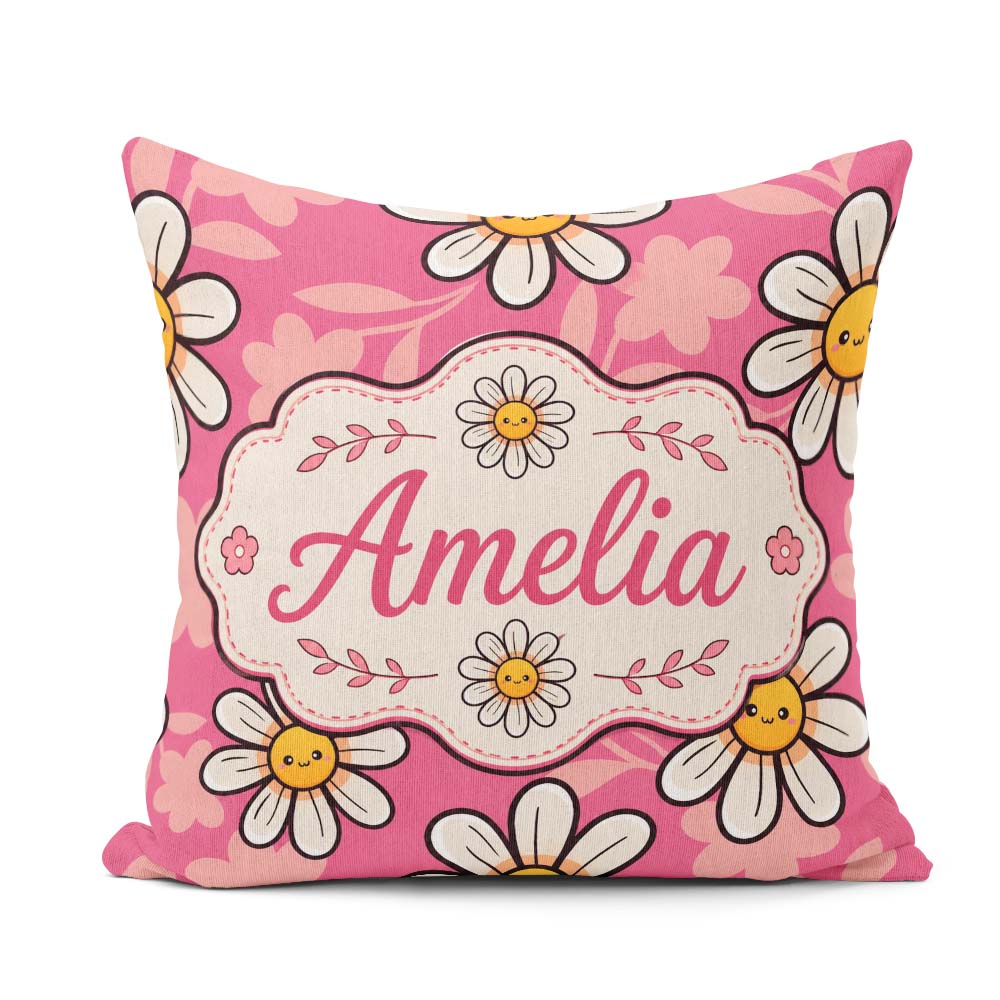 Custom Name Kawaii Daisy Flowers on Pink Background Pattern Name Square Filled Cushion Throw Pillow Sofa Bed Home Decor Zip Washable UK Made