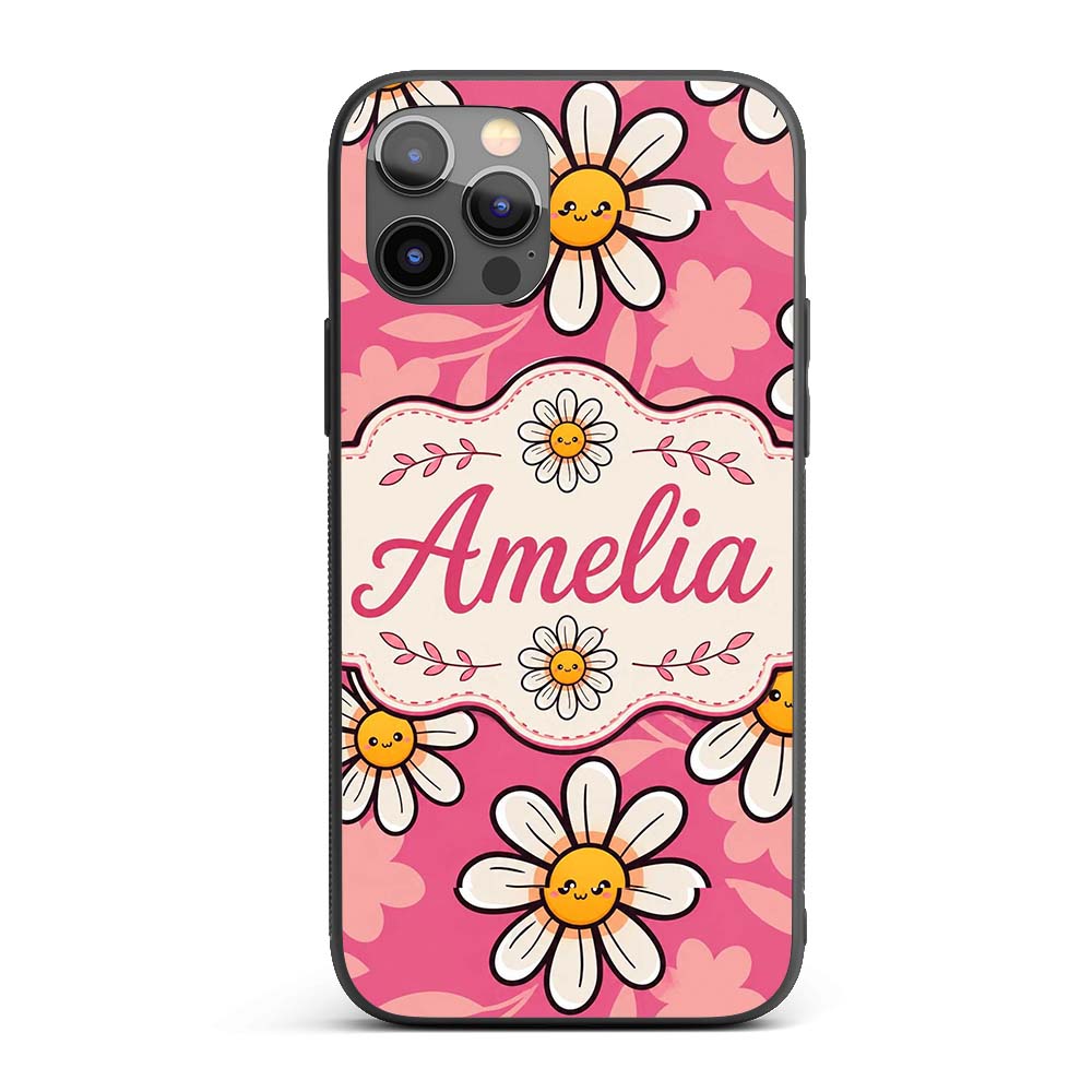 Cute Kawaii Daisy Flowers on Pink Background Custom Name Protective Phone Case Mobile Cover Durable Everyday Smartphone Shock Resistant
