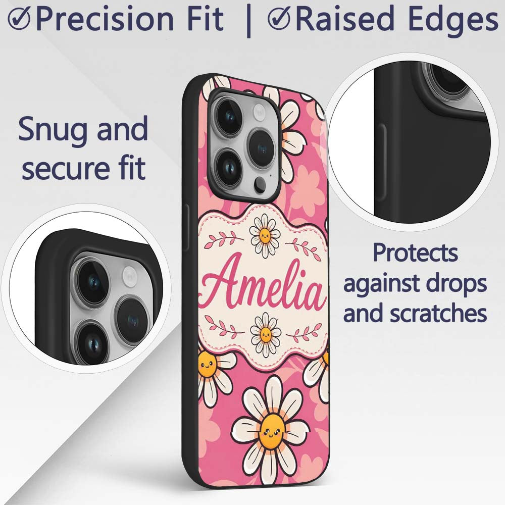 Cute Kawaii Daisy Flowers on Pink Background Custom Name Protective Phone Case Mobile Cover Durable Everyday Smartphone Shock Resistant