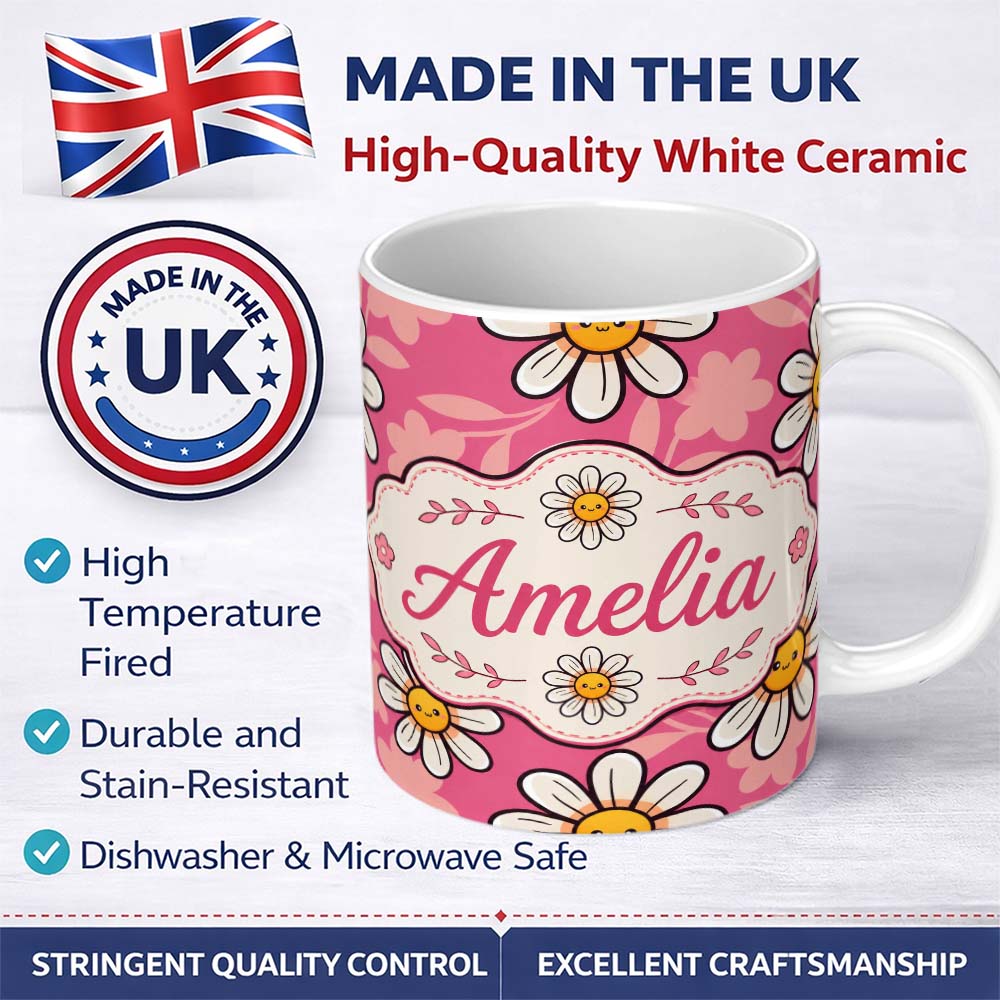 Personalized Custom Name Cute Kawaii Daisy Flowers on Pink Background Seamless Pattern Name 11oz Ceramic Coffee Tea Mug White Large Handle