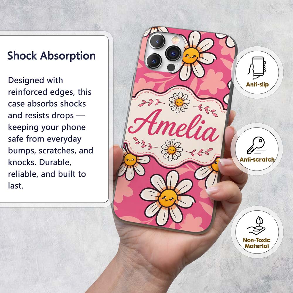 Cute Kawaii Daisy Flowers on Pink Background Custom Name Protective Phone Case Mobile Cover Durable Everyday Smartphone Shock Resistant
