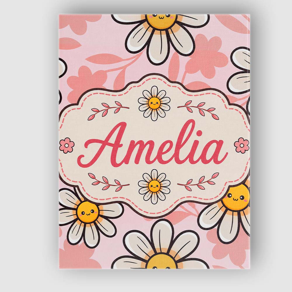 Personalised Name Cute Kawaii Daisy Flowers Custom Bespoke Interior Contemporary Canvas Wall Art Print Decor Picture Ready to Hang