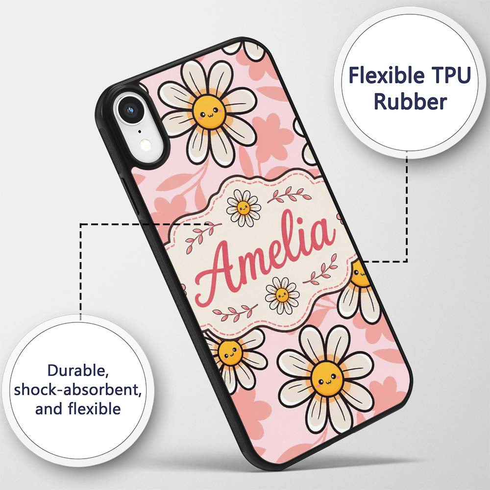 Cute Kawaii Daisy Flowers with Printed Design Custom Name Protective Phone Case Mobile Cover Durable Everyday Smartphone Shock Resistant