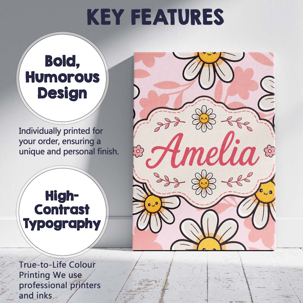 Personalised Name Cute Kawaii Daisy Flowers Custom Bespoke Interior Contemporary Canvas Wall Art Print Decor Picture Ready to Hang