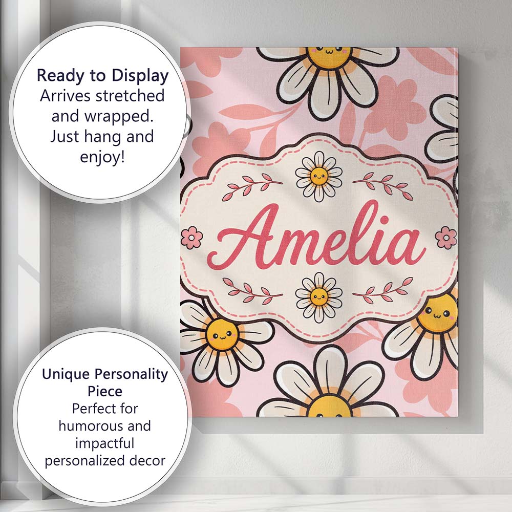 Personalised Name Cute Kawaii Daisy Flowers Custom Bespoke Interior Contemporary Canvas Wall Art Print Decor Picture Ready to Hang