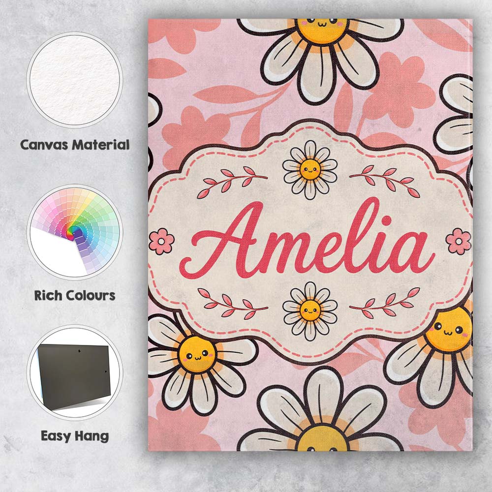 Personalised Name Cute Kawaii Daisy Flowers Custom Bespoke Interior Contemporary Canvas Wall Art Print Decor Picture Ready to Hang