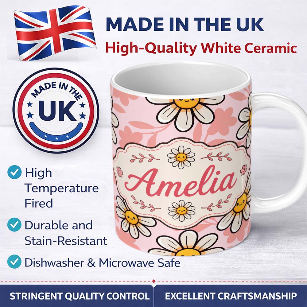 Personalized Custom Name Cute Kawaii Daisy Flowers with Soft Peach Background Seamless 11oz Ceramic Coffee Tea Mug White Large Handle