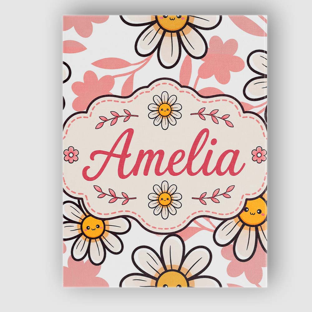 Personalised Name Cute Kawaii Daisy Flowers Custom Bespoke Interior Contemporary Canvas Wall Art Print Decor Picture Ready to Hang