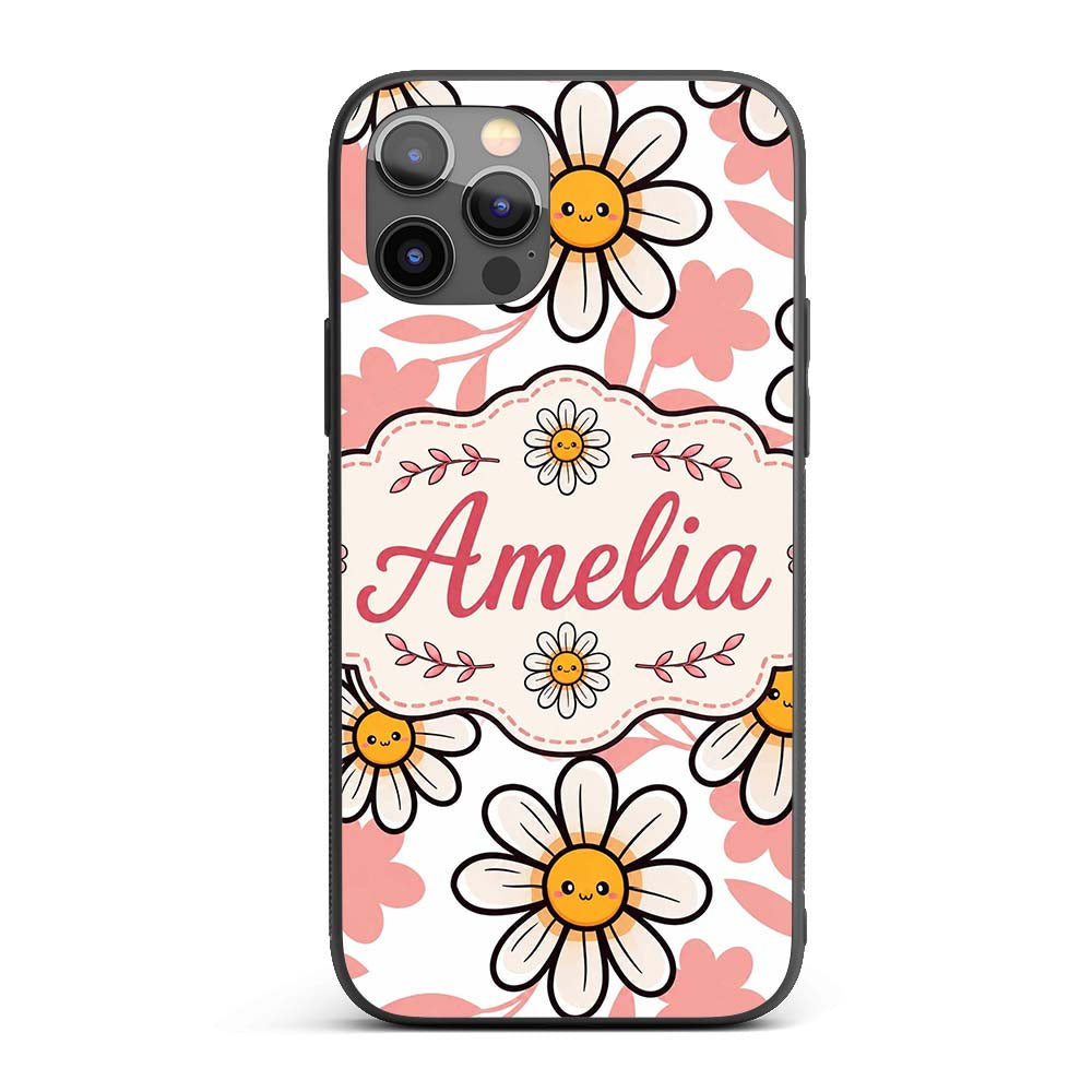 Cute Kawaii Daisy Flowers with White Background Custom Name Protective Phone Case Mobile Cover Durable Everyday Smartphone Shock Resistant