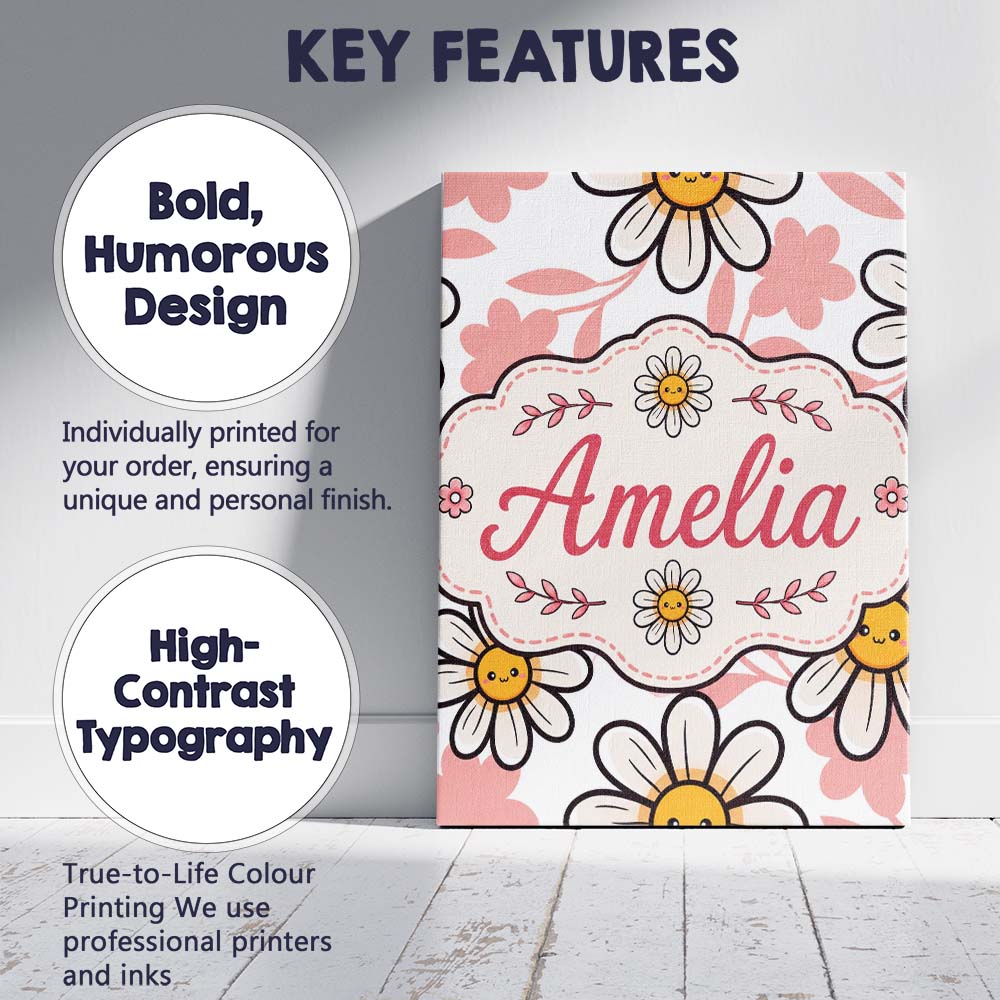 Personalised Name Cute Kawaii Daisy Flowers Custom Bespoke Interior Contemporary Canvas Wall Art Print Decor Picture Ready to Hang