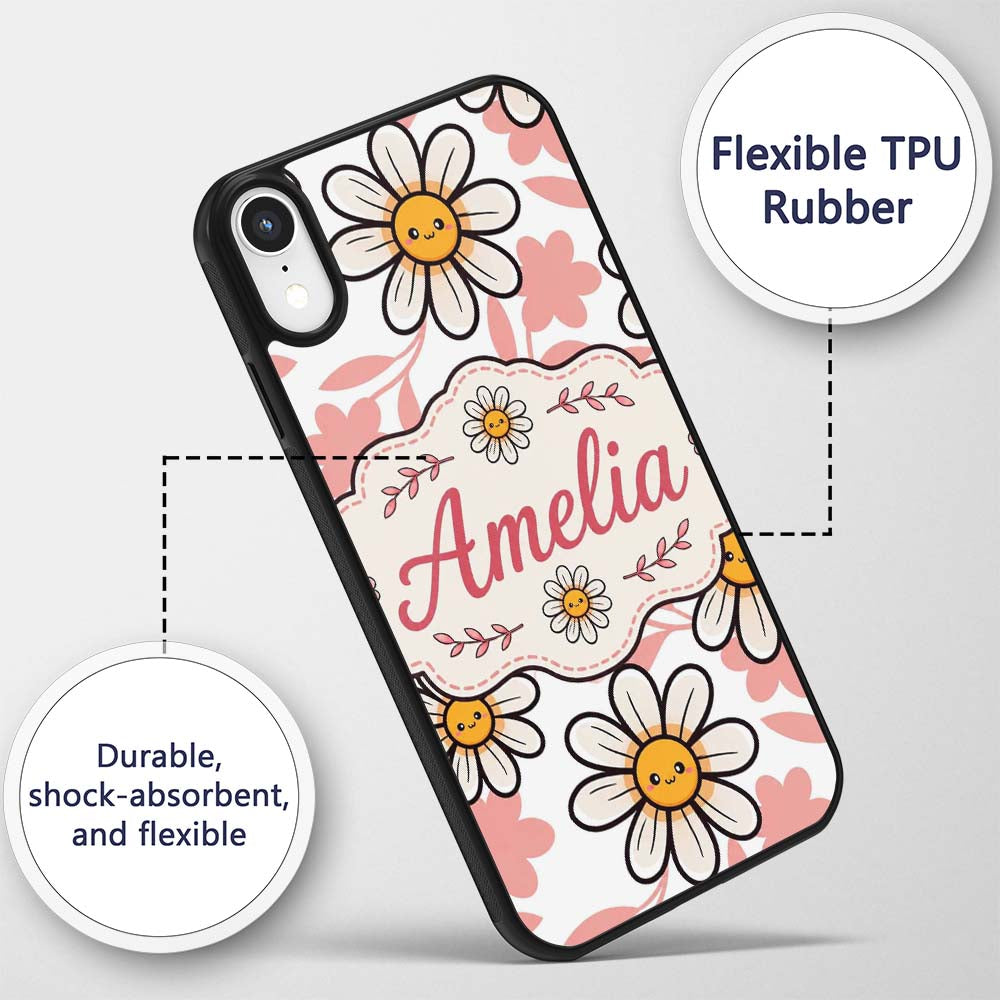 Cute Kawaii Daisy Flowers with White Background Custom Name Protective Phone Case Mobile Cover Durable Everyday Smartphone Shock Resistant