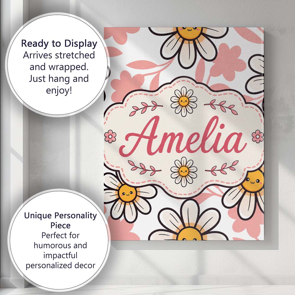 Personalised Name Cute Kawaii Daisy Flowers Custom Bespoke Interior Contemporary Canvas Wall Art Print Decor Picture Ready to Hang