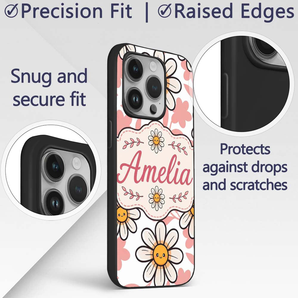 Cute Kawaii Daisy Flowers with White Background Custom Name Protective Phone Case Mobile Cover Durable Everyday Smartphone Shock Resistant