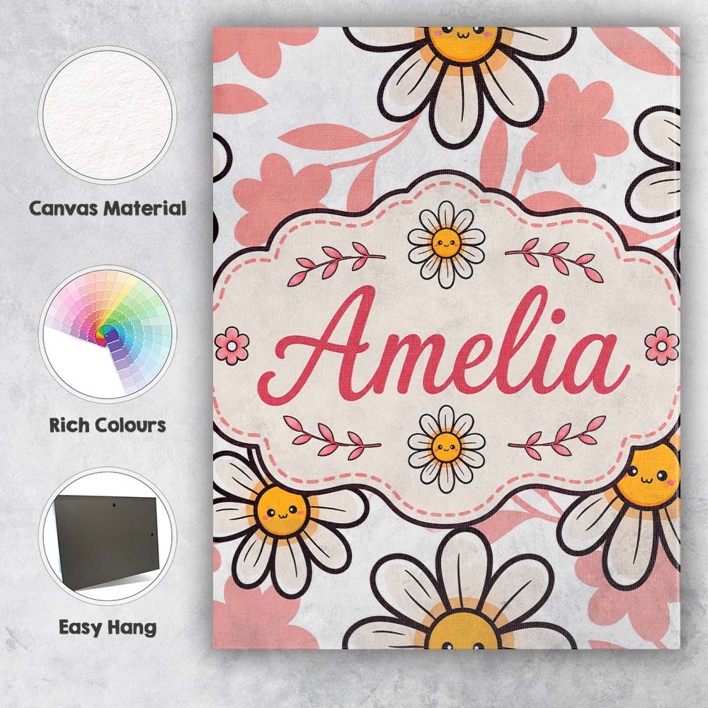 Personalised Name Cute Kawaii Daisy Flowers Custom Bespoke Interior Contemporary Canvas Wall Art Print Decor Picture Ready to Hang