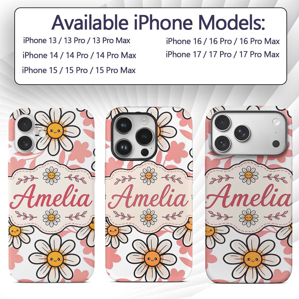 Cute Kawaii Daisy Flowers with White Background Custom Name Protective Phone Case Mobile Cover Durable Everyday Smartphone Shock Resistant