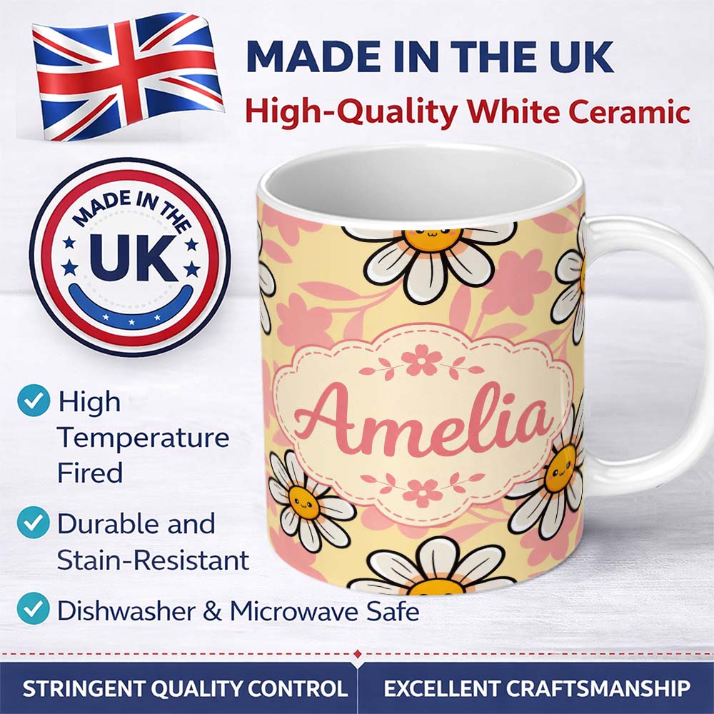 Personalized Custom Name Cute Kawaii Daisy Flowers with Yellow Background Seamless Pattern 11oz Ceramic Coffee Tea Mug White Large Handle