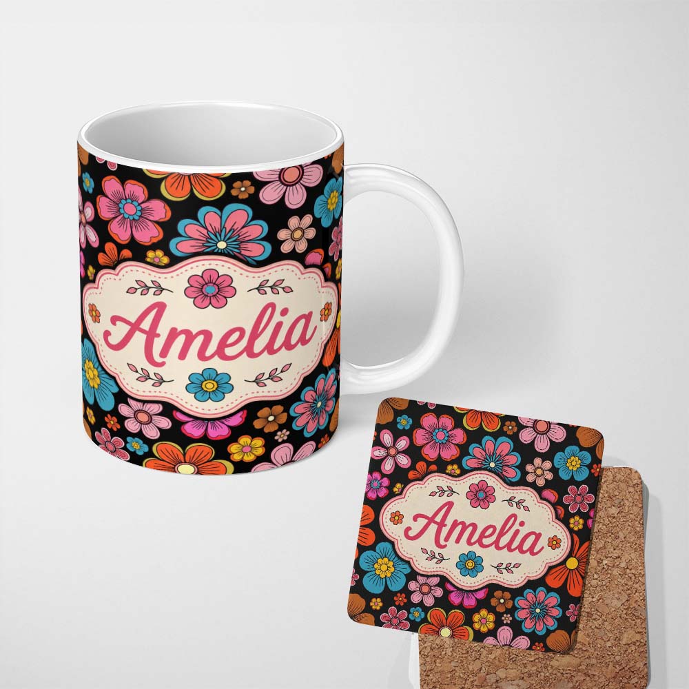 Personalized Custom Name Cute Floral Flowers on Black Background Seamless Pattern Name 11oz Ceramic Coffee Tea Mug White Large Handle