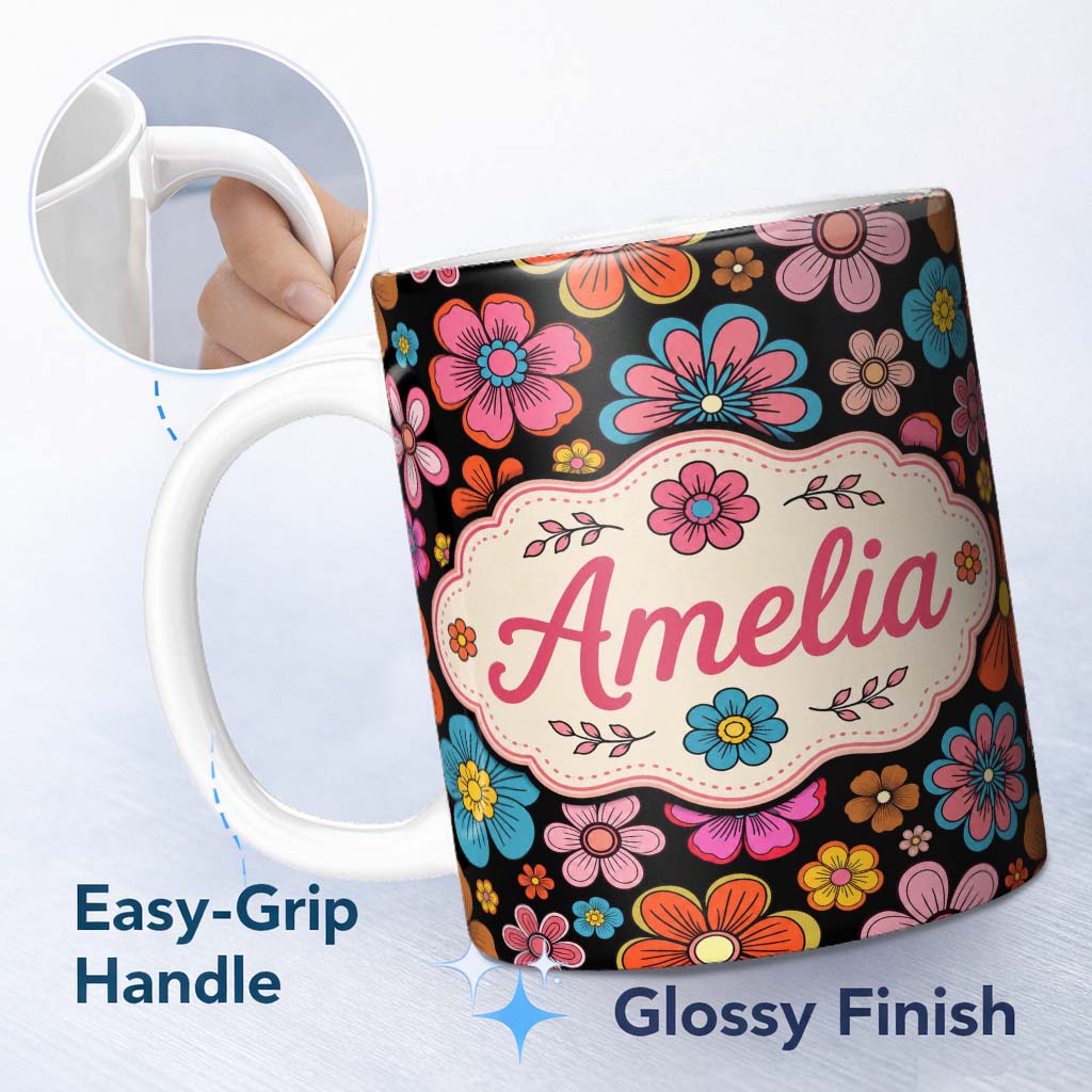 Personalized Custom Name Cute Floral Flowers on Black Background Seamless Pattern Name 11oz Ceramic Coffee Tea Mug White Large Handle