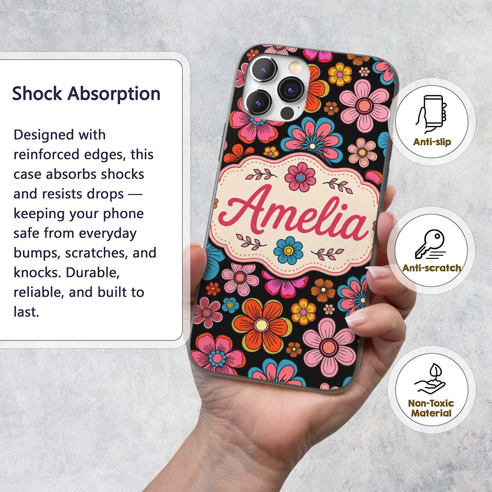 Cute Floral Flowers on Black Background Seamless Custom Name Protective Phone Case Mobile Cover Durable Everyday Smartphone Shock Resistant