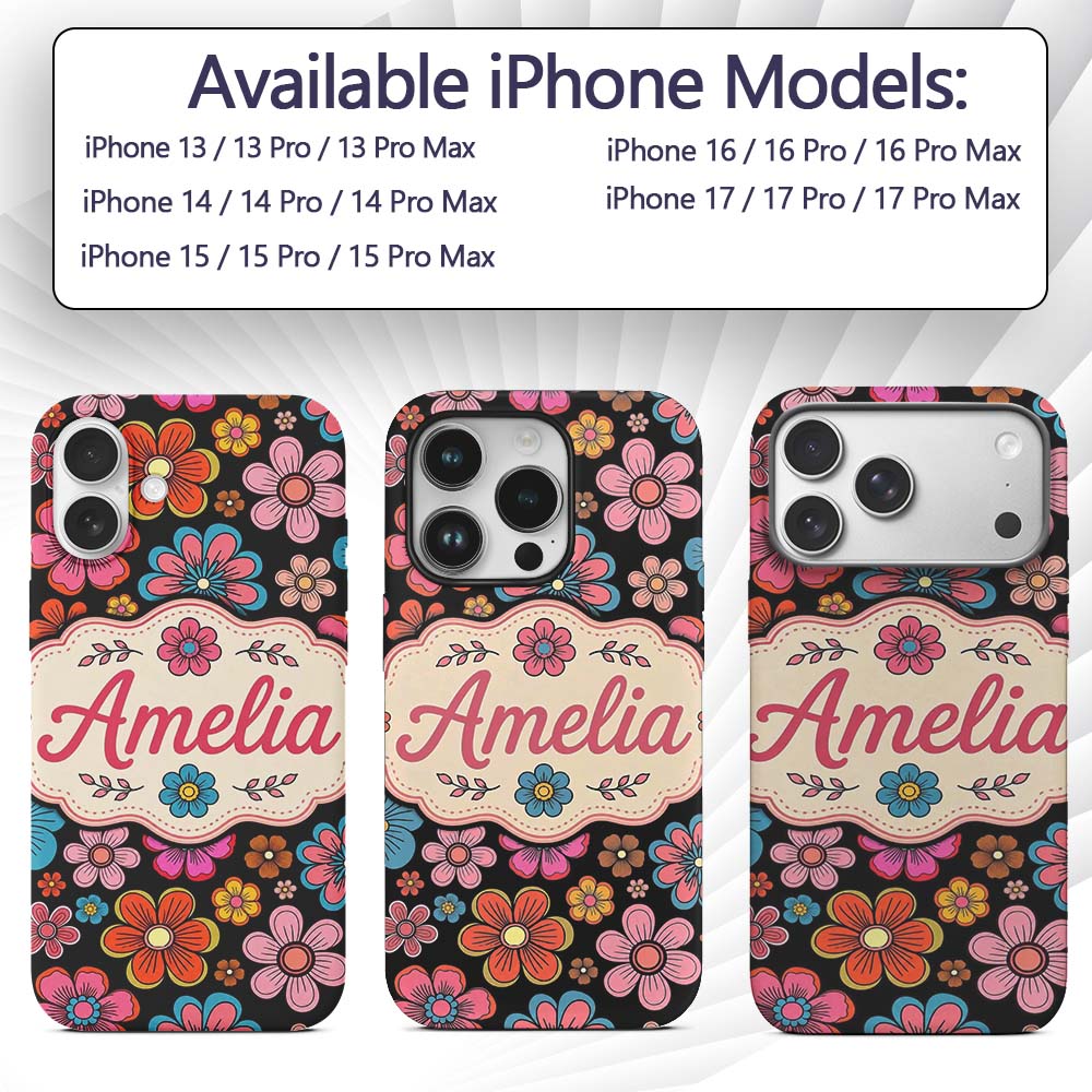 Cute Floral Flowers on Black Background Seamless Custom Name Protective Phone Case Mobile Cover Durable Everyday Smartphone Shock Resistant